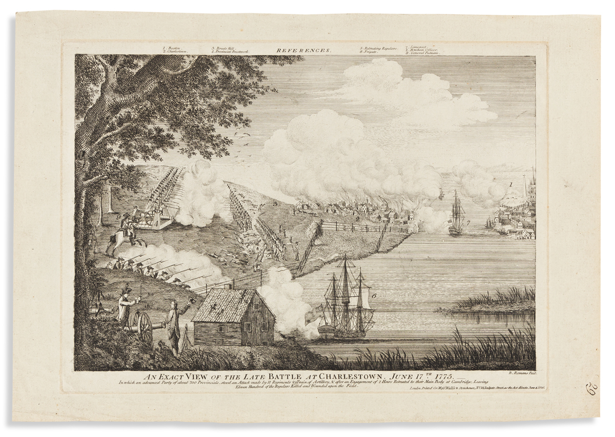 (REVOLUTION.) Bernard Romans, artist. An Exact View of the Late Battle at Charlestown, June 17th, 1775.